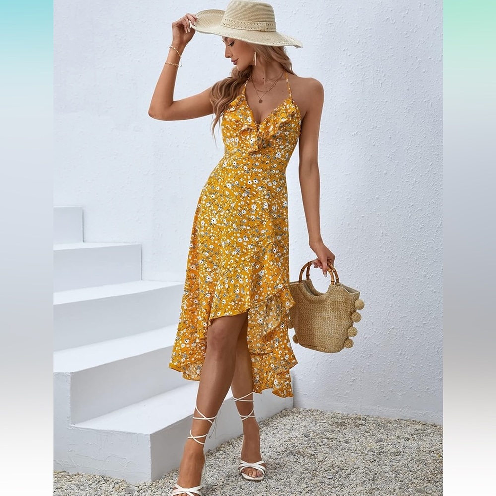 Verdusa Women'sFloral Print Halter V Neck Sleeveless Ruffle Hem A Line MidiDress